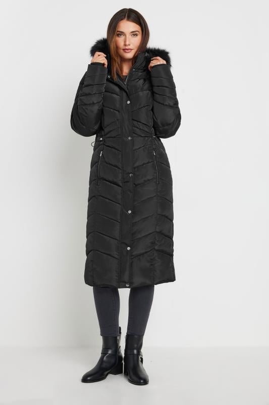 Tall  LTS Tall Black Faux Fur Trim Padded Longline Coat