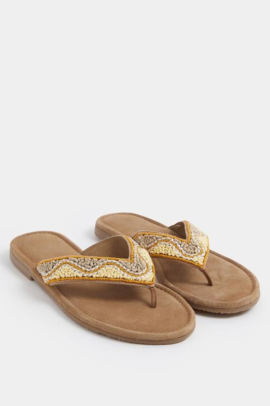  Yours Natural Brown Faux Suede Beaded Sandals In Extra Wide E Fit
