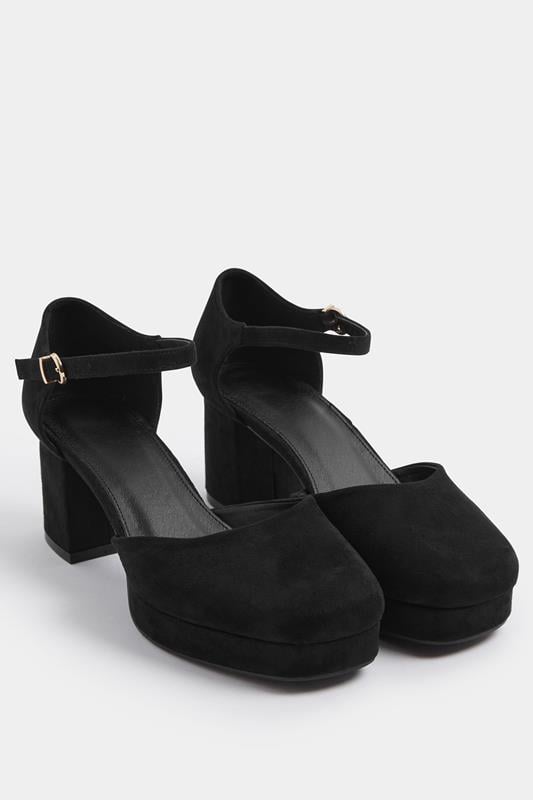 Black Faux Suede Platform Block Heels In Extra Wide EEE Fit