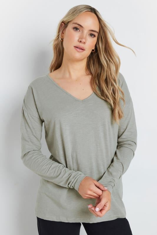 LTS Tall Light Grey V-Neck Long Sleeve Cotton T-Shirt | Long Tall Sally 1