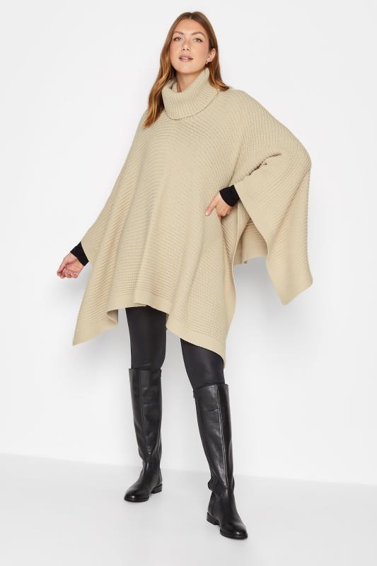 LTS Tall Women's Beige Brown Roll Neck Knitted Poncho | Long Tall Sally  1