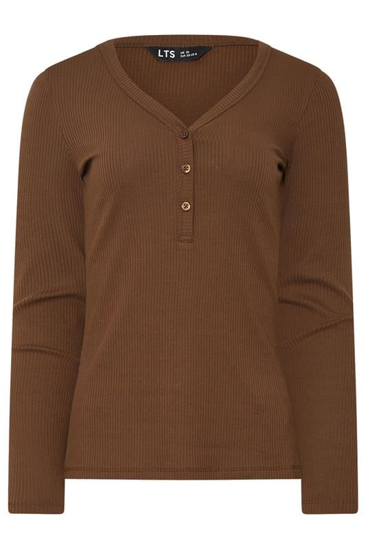 LTS Tall Chocolate Brown Cotton Ribbed Henley Top | Long Tall Sally 6