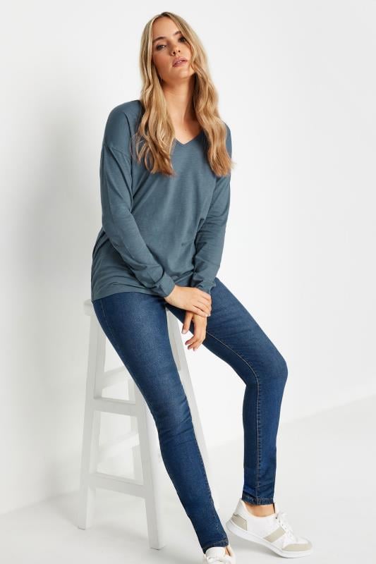 LTS Tall Blue V-Neck Long Sleeve Cotton T-Shirt | Long Tall Sally 2