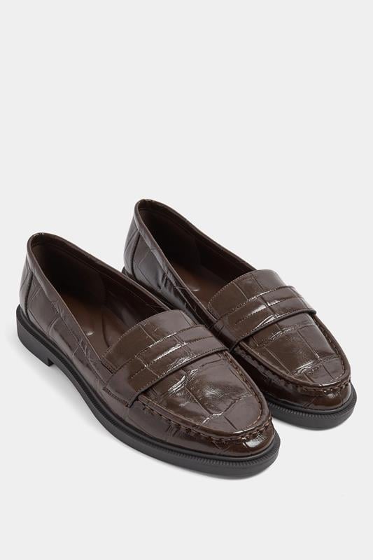  Yours Chocolate Brown Croc Embossed Loafers In Wide E Fit