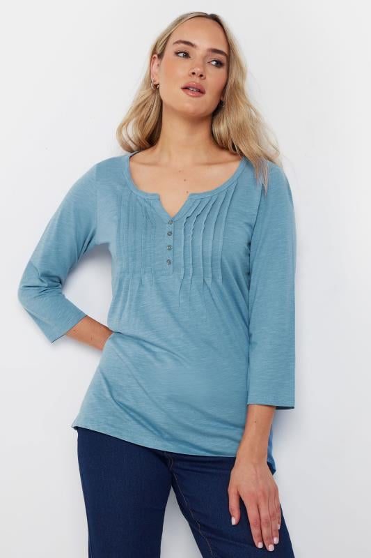 LTS Tall Womens Blue Cotton Henley Top | Long Tall Sally 1