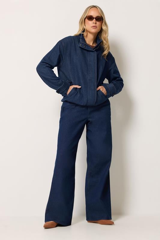 LTS Tall Women's Blue Denim Funnel Neck Bomber Jacket | Long Tally Sally 1