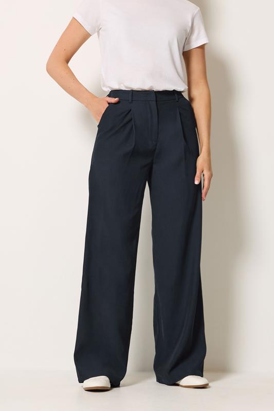 LTS Tall Women's Navy Blue Pleated Wide Leg Trousers | Long Tall Sally 1