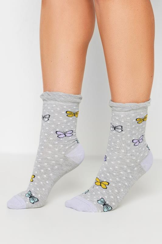4 PACK Grey Butterfly Print Ankle Socks | Yours Clothing 2