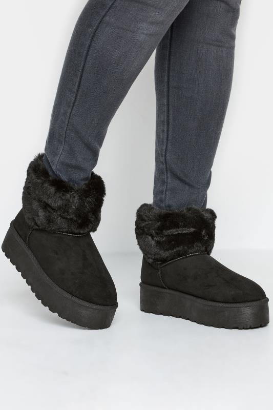Black Platform Faux Fur Collared Boot in Wide E Fit | Yours Clothing 1