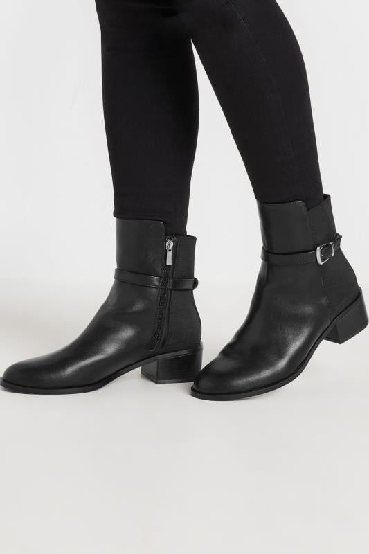 LTS Black Block Heel Buckle Ankle Boots In Standard Fit | Long Tall Sally 1