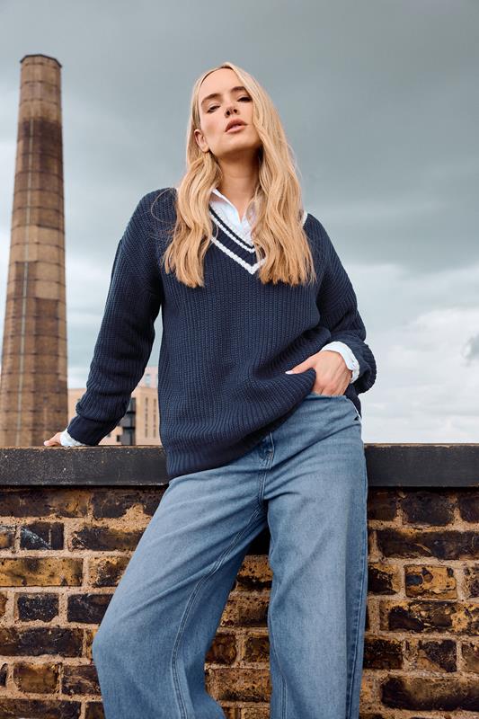 LTS Tall Navy Blue Contrast V-Neck Jumper | Long Tall Sally 1