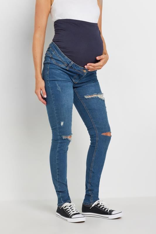 LTS Tall Women's Maternity Mid Blue Distressed AVA Skinny Jeans | Long Tall Sally 1