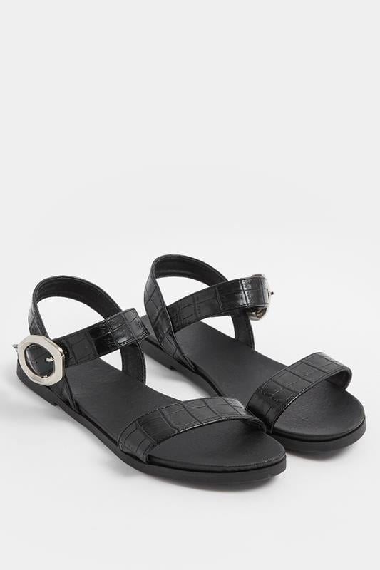  Yours Black Croc Buckle Detail Sandals In Wide E Fit