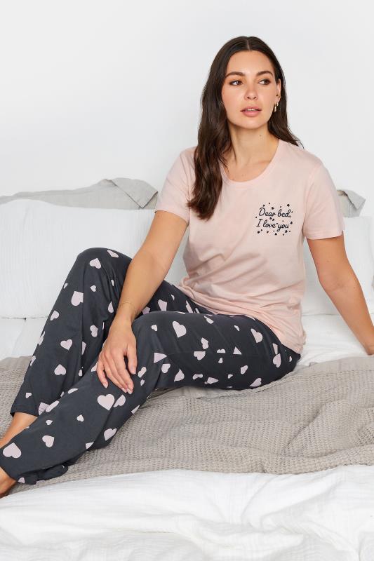 LTS Tall Womens Light Pink Heart Print Wide Leg Pyjama Set | Long Tall Sally 1