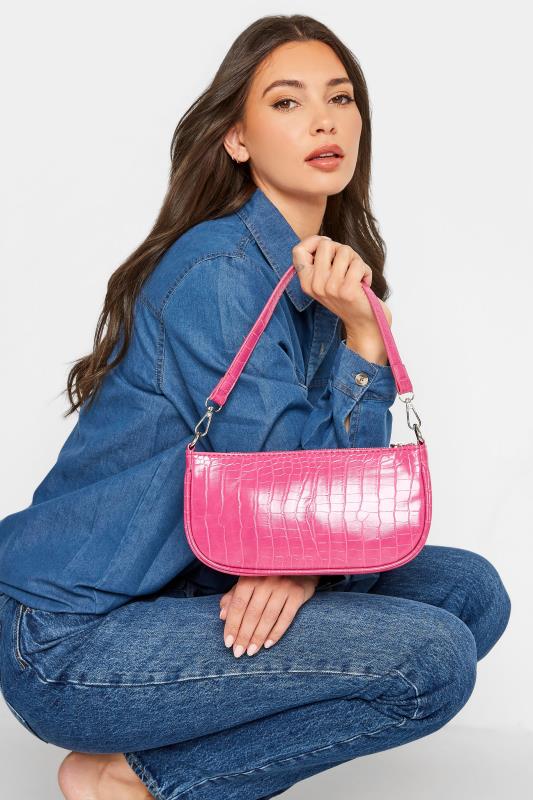 Plus Size Pink Faux Croc Shoulder Bag | Yours Clothing 1