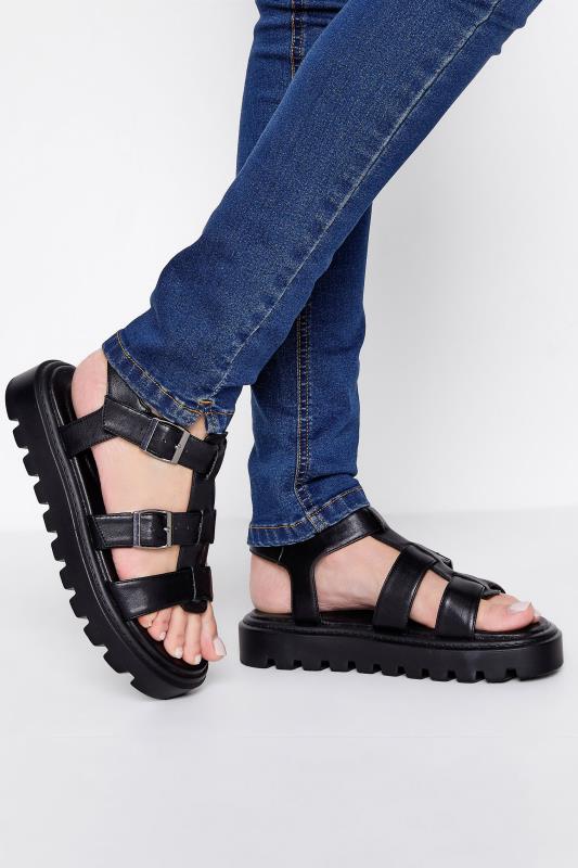 Tall  LTS Black Gladiator Sandals In Wide E Fit
