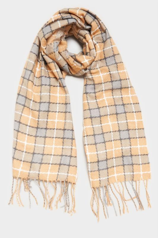 Beige Brown Check Print Tassel Scarf | Yours Clothing 2