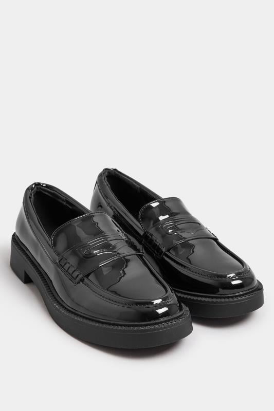 Black Patent Chunky Slip On Loafers In Wide E Fit & Extra Wide EEE Fit | Yours Clothing  2