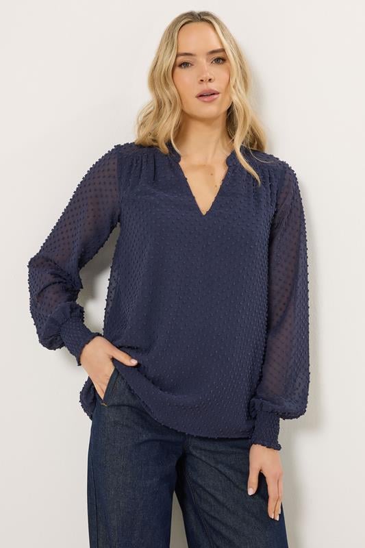 Tall  LTS Tall Navy Blue Dobby Spot Shirred Cuff Top