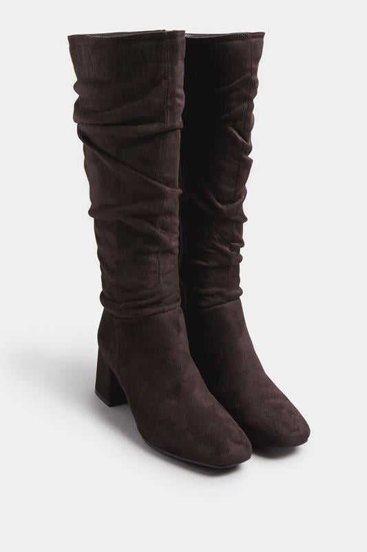 Chocolate Brown Faux Suede Ruched Knee High Boots In Standard Fit | Yours Clothing 2