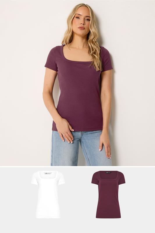 LTS Tall 2 PACK Burgundy Red & White Ribbed T-Shirts