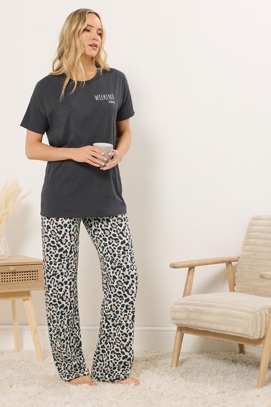 Tall  LTS Tall Charcoal Grey 'Weekend Vibes' Slogan Pyjama Set