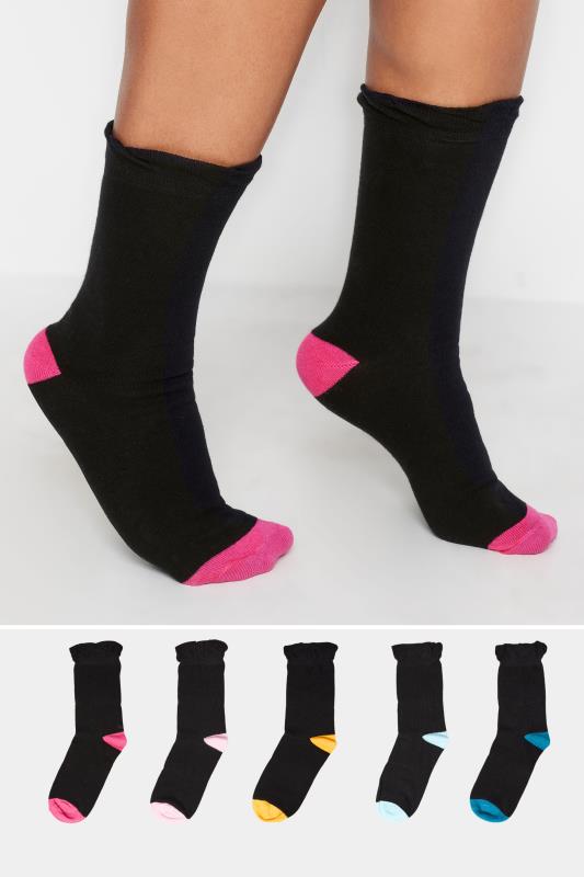 YOURS 5 PACK Black Contrasting Heel Socks | Yours Clothing 1