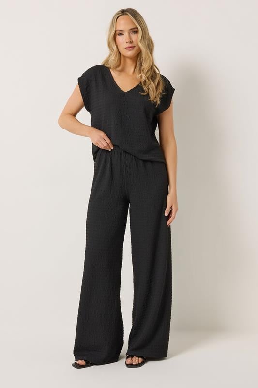 LTS Tall Black Textured Elasticated Wide Leg Trousers