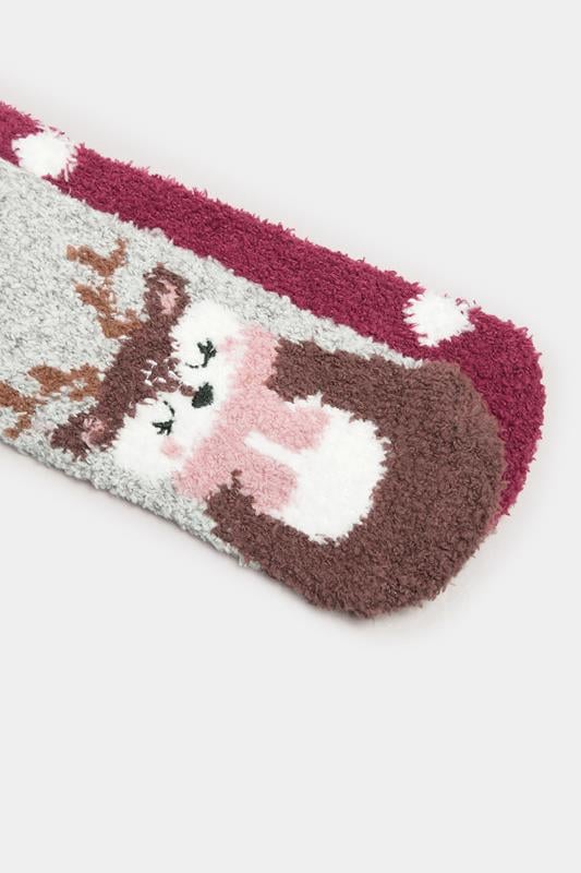 2 PACK Grey & Red Reindeer Fluffy Bed Socks | Yours Clothing 6