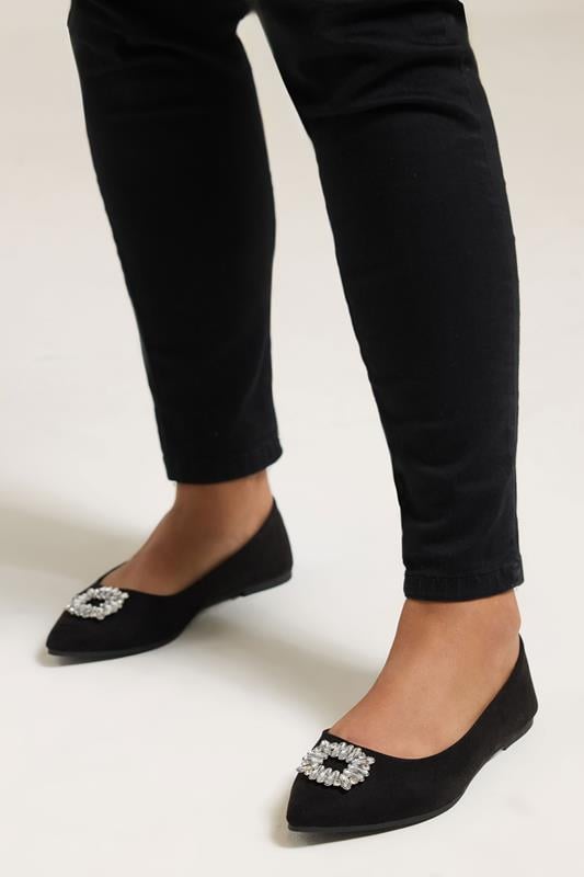 Black Faux Suede Diamante Pointed Ballet Pumps In Extra Wide EEE Fit | Yours Clothing 1