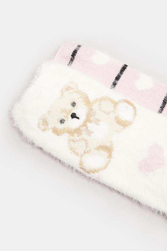 2 PACK White & Pink Teddy Bear Fluffy Bed Socks | Yours Clothing 5