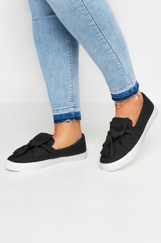 Black Twisted Bow Slip-On Trainers | Yours Clothing 1