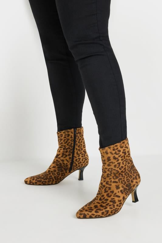 Beige Brown Leopard Print Heeled Ankle Boots In Extra Wide EEE Fit | Yours Clothing 1