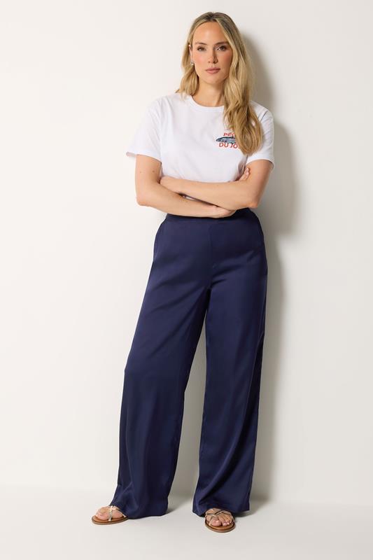 LTS Tall Women's Navy Blue Satin Wide Leg Trousers | Long Tall Sally 1