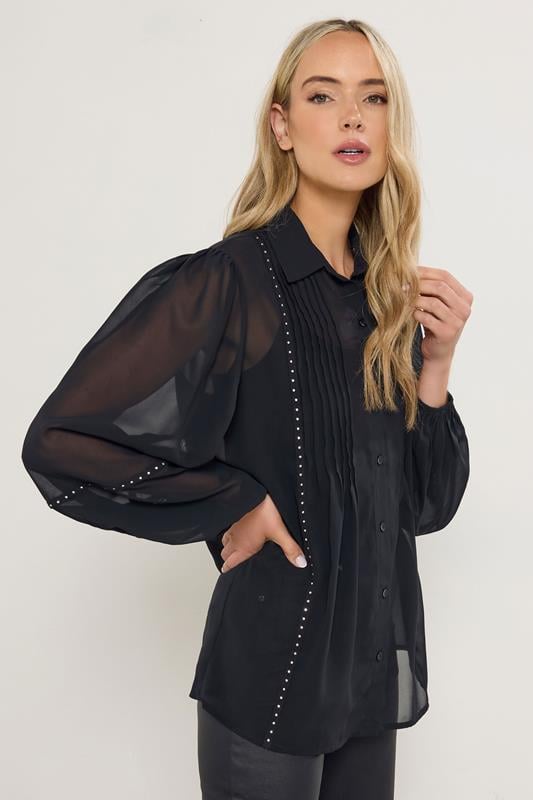 LTS Tall Black Stud Trim Pintuck Shirt | Long Tall Sally 1