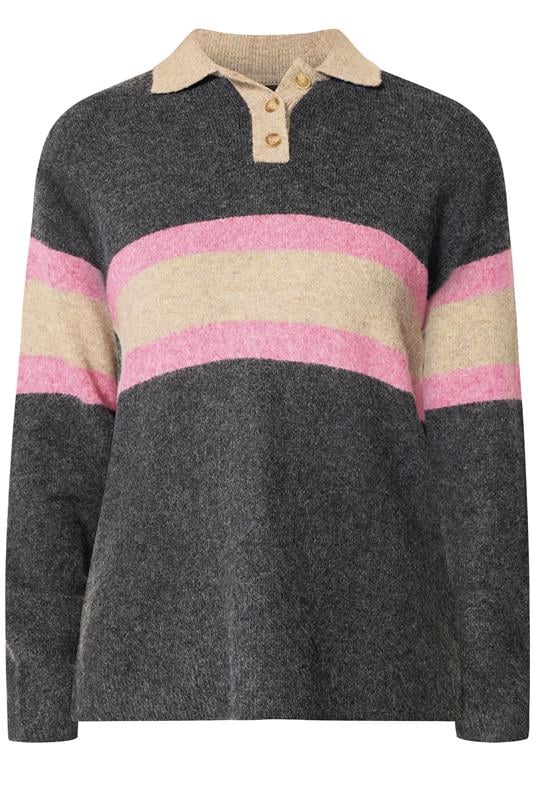 LTS Tall Women's Grey Stripe Knitted Polo Jumper | Long Tall Sally 5