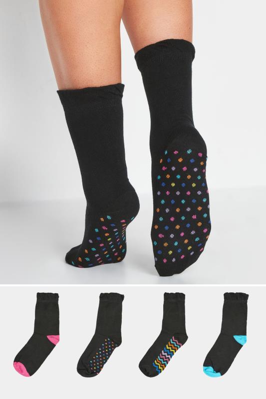 YOURS 4 PACK Black Stripe & Spot Print Footbed Ankle Socks | Yours Clothing 1
