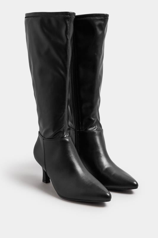 Black Faux Leather Knee High Pointed Boots In Extra Wide EEE Fit | Yours Clothing  2