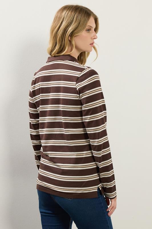 LTS Tall Chocolate Brown Striped Jersey Polo Top | Long Tall Sally 3