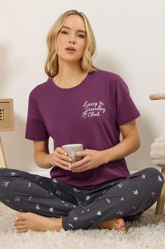 LTS Tall Woman's Burgundy Red 'Sunday Club' Slogan Pyjama Set | Long Tall Sally 4