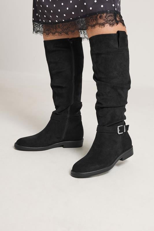  Yours Black Faux Suede Buckle Detail Knee High Boots In Extra Wide E Fit