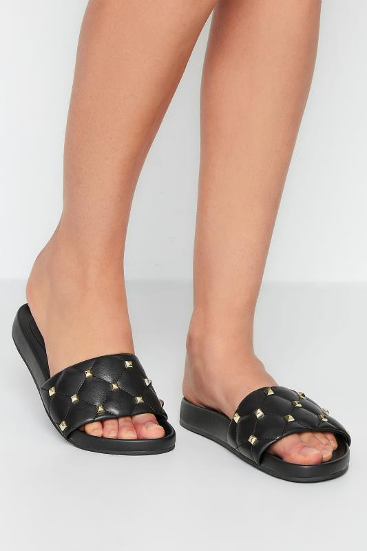 Tall  LTS Black Stud Quilted Sliders In Standard Fit