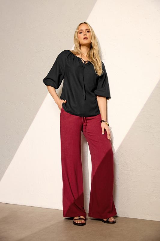  LTS Tall Black Tie Front Long Sleeve Linen Blouse