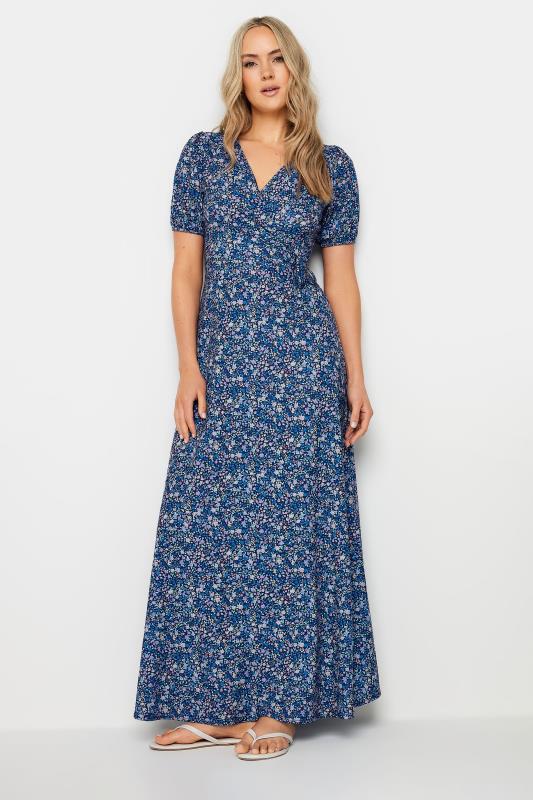 LTS Tall Women's Navy Blue Ditsy Floral Print Midi Wrap Dress 1