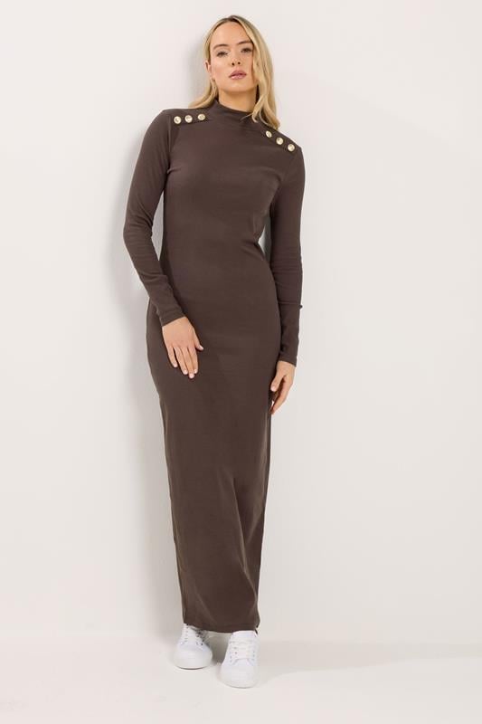 LTS Tall Women's Brown Ribbed Shoulder Button Maxi Dress | Long Tall Sally 2