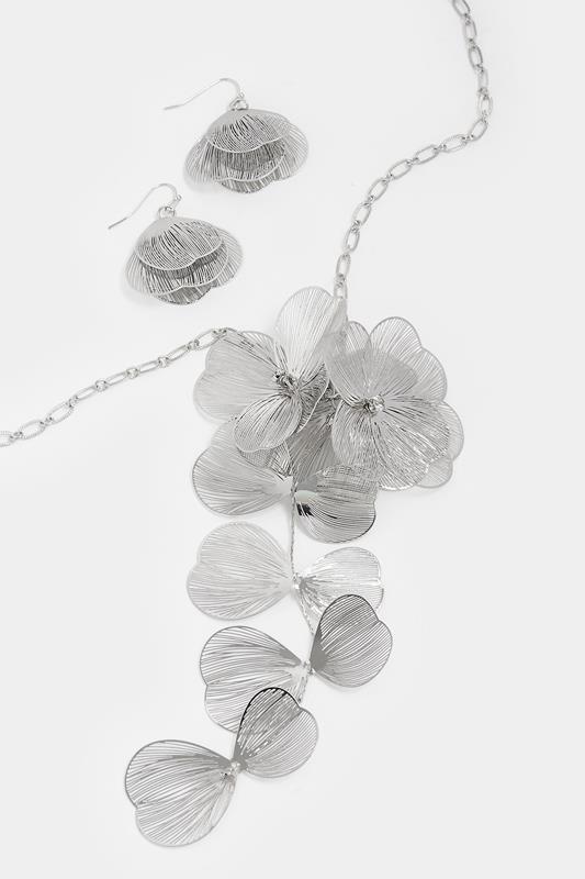 Silver Tone Long Flower Necklace & Earrings Set | Yours Clothing 2