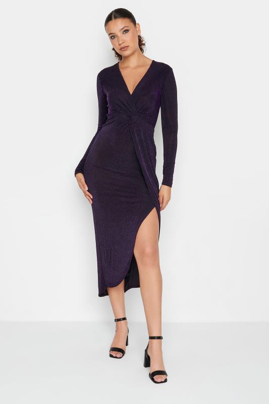 Tall  LTS Tall Black & Purple Glitter Twist Wrap Midi Dress