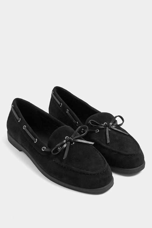  Yours Black Faux Suede Bow Boat Shoes In Wide E Fit