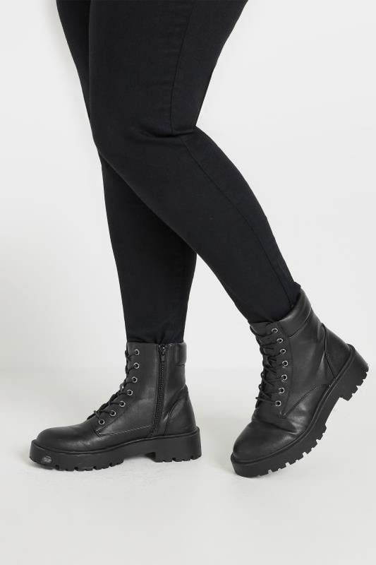 Black Chunky Lace Up Boots In Wide E Fit | Yours Clothing  1