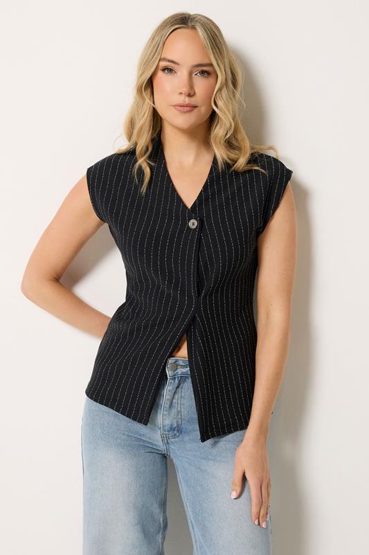 LTS Tall Black Pinstripe Button Top